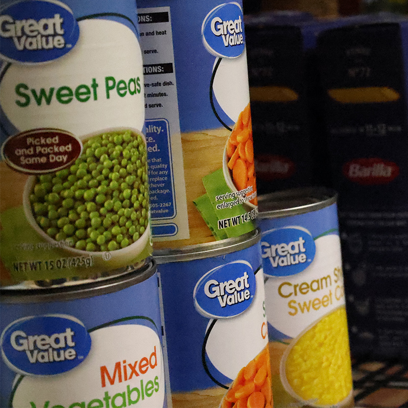 Examples of food available such as canned vegetables, and pasta