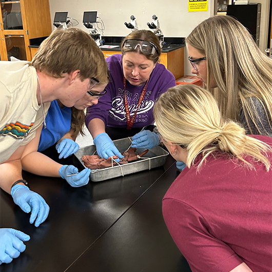 Students watch closely as their professor demonstrates a science lesson