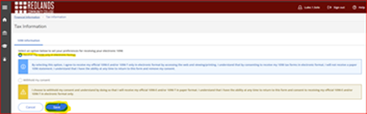 First screenshot of the tax information screen, highlighting the "Receive my 1098 only in electronic format" button you need to select