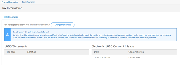 Screenshot of finished tax information section