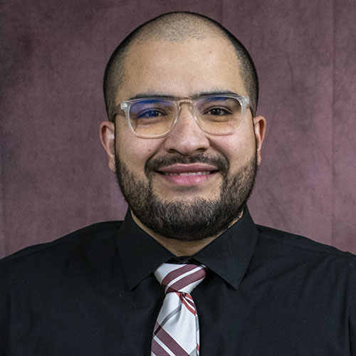 Man with dark hair, beard and glasses